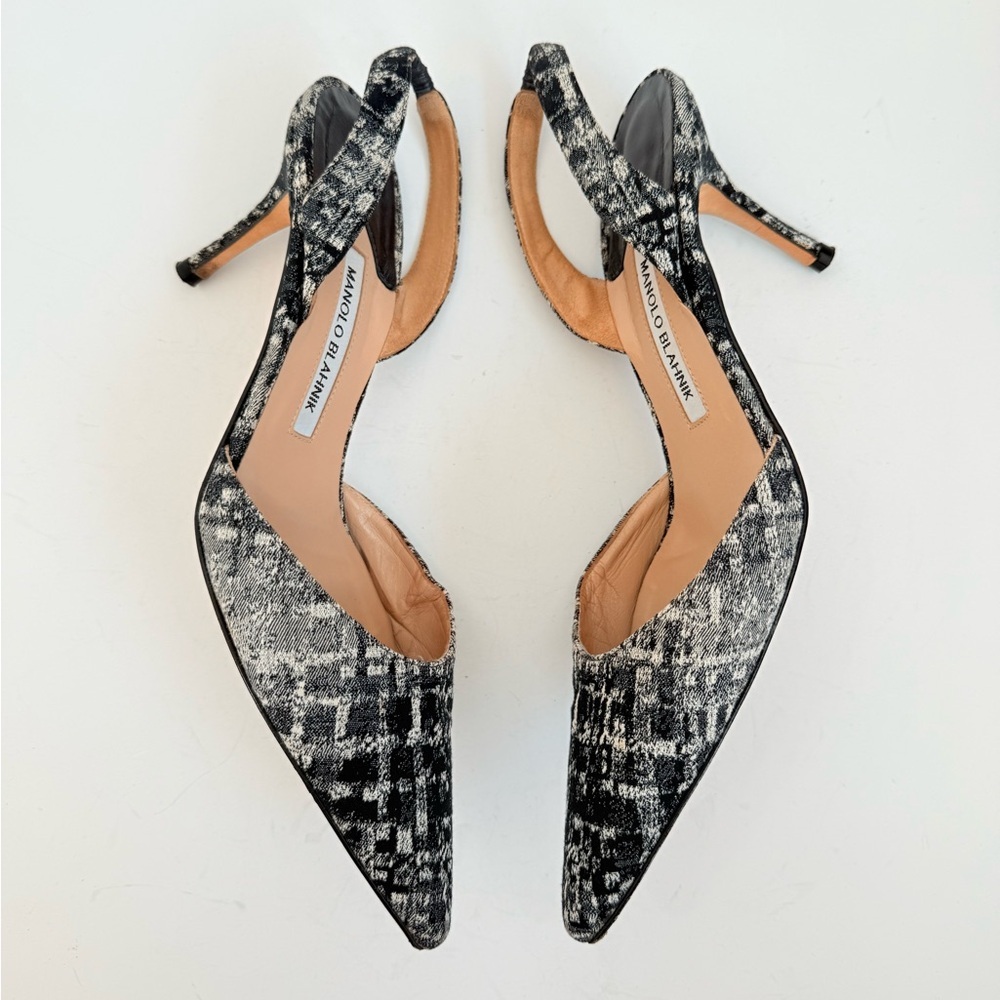 Manolo Blahnik Black beige Plaid 70mm Carolyne slingback pumps EU 39 - Picture 3 of 9